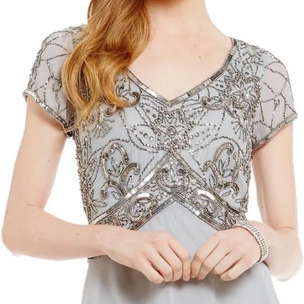 NWT Jkara Silver Cap Sleeve Beaded Gown - Size 16